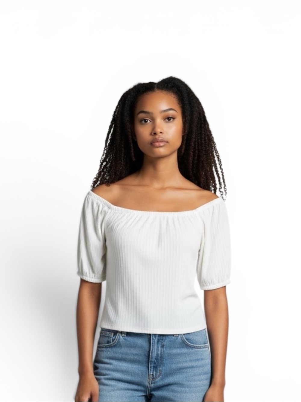 Madewell White Off-the-Shoulder Ribbed Puff Sleeve Crop Top,Stretch